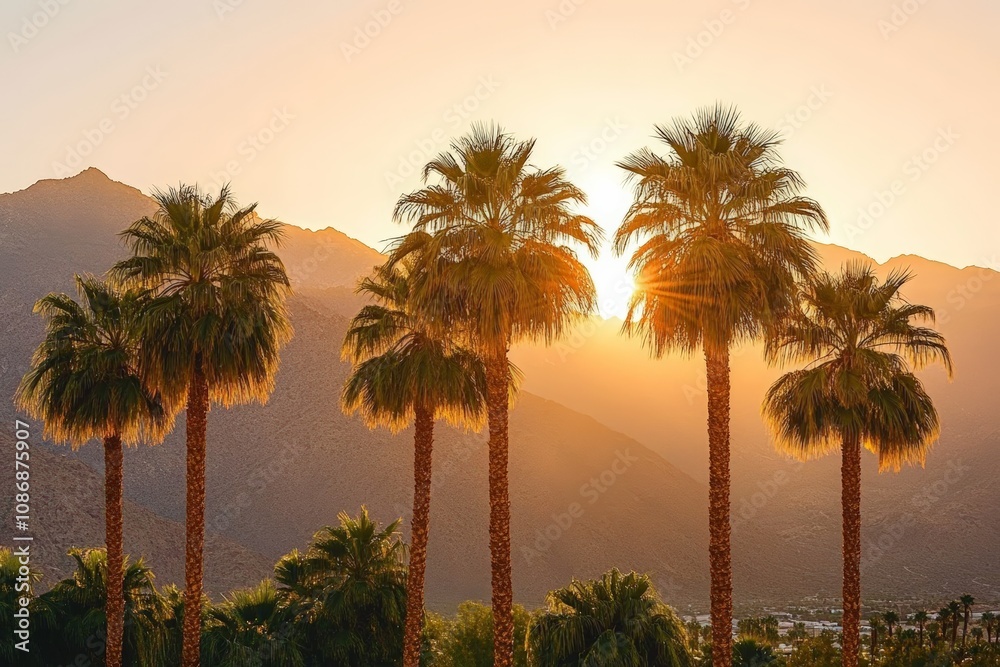 Obraz premium Scenic Desert Sunset Palm Trees and Mountains in Palm Springs California