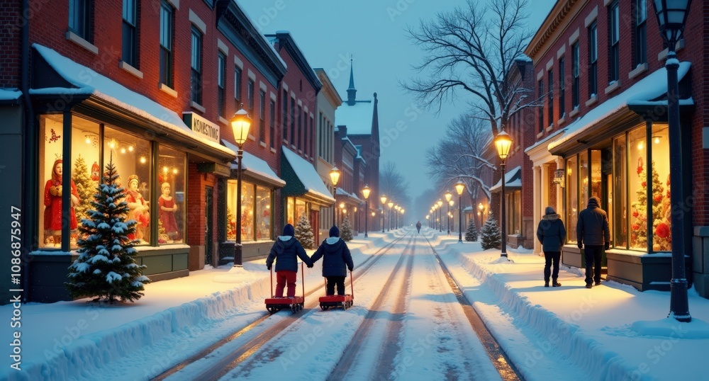 A small-town main street blanketed in snow, lined with glowing neon signs, children tugging sleds, and parents window-shopping for holiday gifts in brick storefronts. A small-town main street blanketed in snow, lined with glowing neon signs, children tugging sleds, and parents window-shopping for holiday gifts in brick storefronts.
