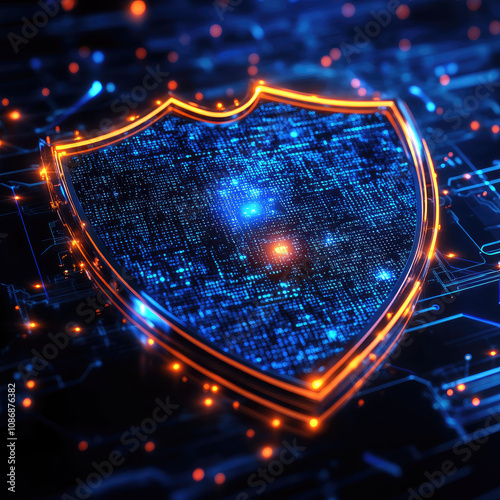 A digital shield representation, glowing with blue and orange hues, symbolizing cybersecurity and protection in a tech-driven environment.