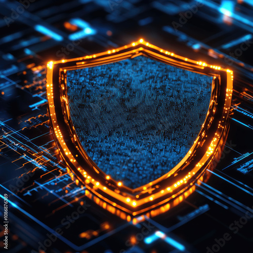 A glowing shield icon on a digital backdrop symbolizes protection and cybersecurity in a modern technological context.