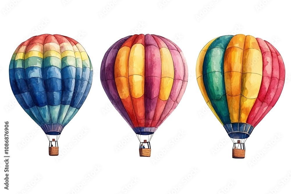 Fototapeta premium Watercolor illustration of three colorful hot air balloons, perfect for travel, adventure, and whimsical designs. These vibrant balloons are isolated on a white background for easy use.