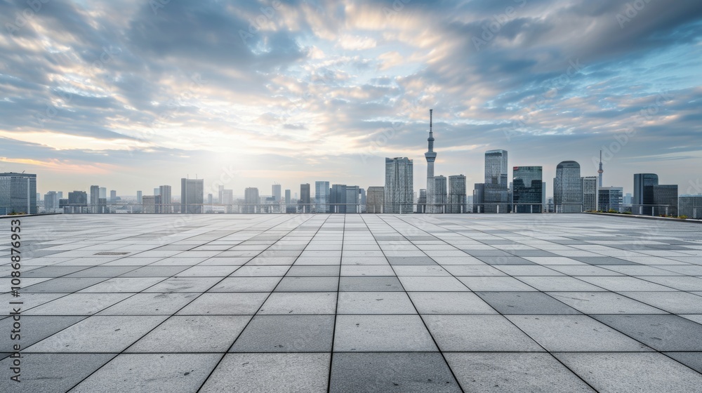 Empty square floor with city skyline background, Urban Greenway Development Project, morning Empty square floor with city skyline background, Urban Greenway Development Project, morning