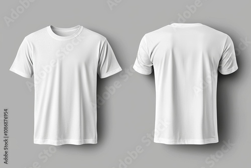 Stock photo of white blank t-shirt front and back views. Male clothes wearing clear attractive apparel t-shirt models template.