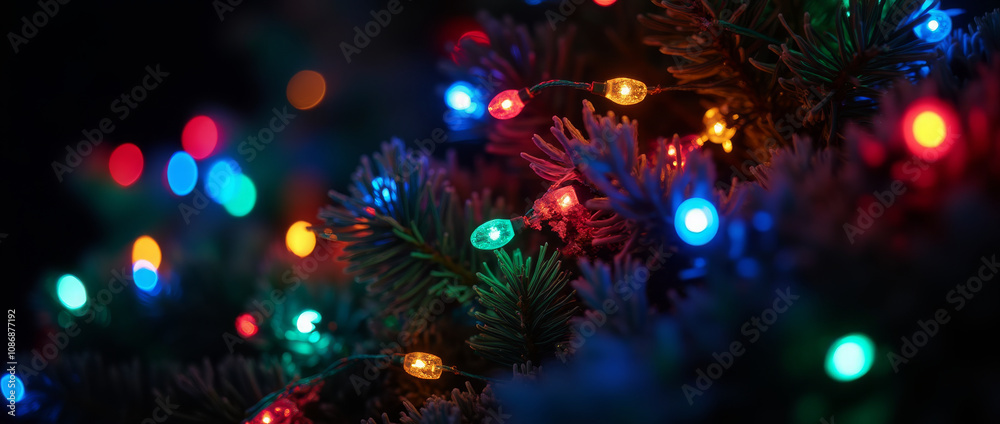 RGB Christmas Lights Garland on Black Christmas Tree RGB Christmas Lights Garland on Black Christmas Tree