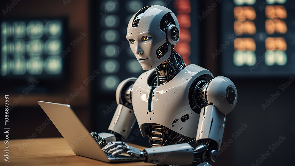 A robot analyzing customer feedback data. A robot analyzing customer feedback data.