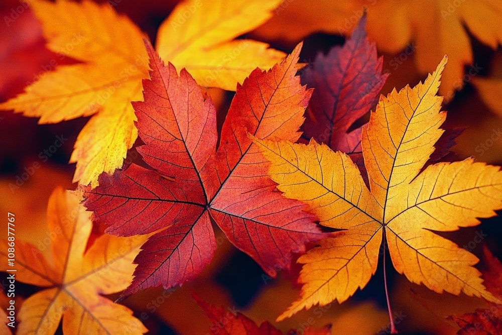 Closeup of Vibrant Autumn Maple Leaves with Intricate Textures and Warm Colours on Forest Ground Closeup of Vibrant Autumn Maple Leaves with Intricate Textures and Warm Colours on Forest Ground