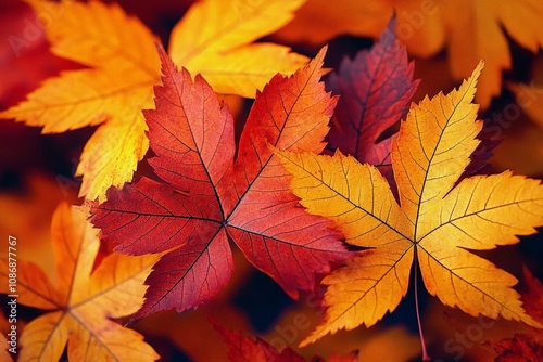 Closeup of Vibrant Autumn Maple Leaves with Intricate Textures and Warm Colours on Forest Ground