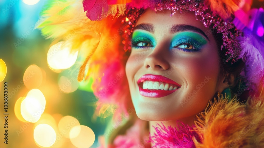 Cheerful woman in colorful carnival costume, feathers and makeup, vibrant festival, joyful expression, bright lights, celebration and culture Cheerful woman in colorful carnival costume, feathers and makeup, vibrant festival, joyful expression, bright lights, celebration and culture