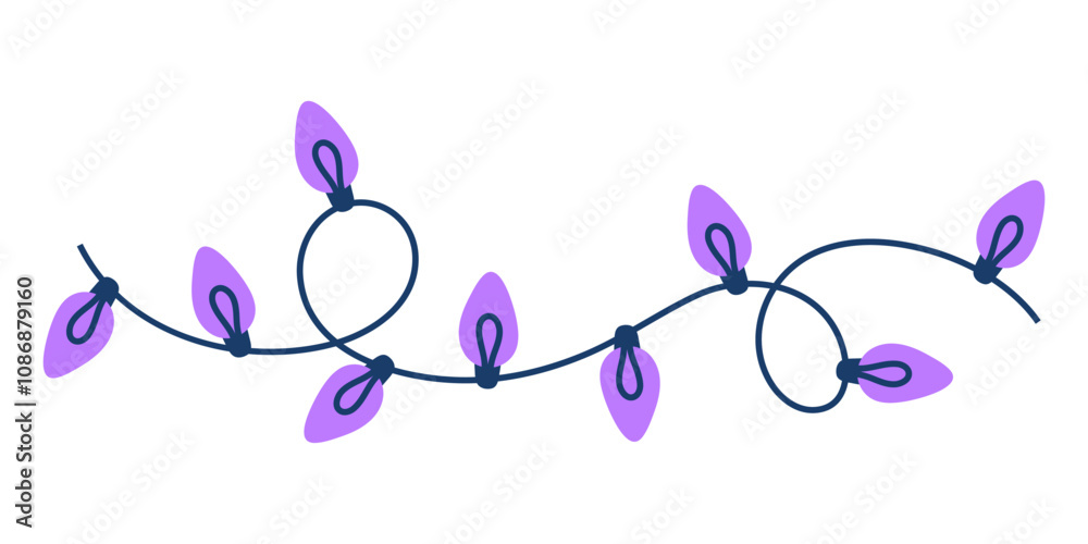 Hand drawn illustration of purple Christmas lights for creating festive designs. Decorative border