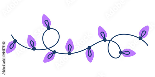 Hand drawn illustration of purple Christmas lights for creating festive designs. Decorative border
