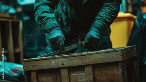 A low-angle view of someone using a crowbar to pry open a crate, with the background softly blurred for action. photo