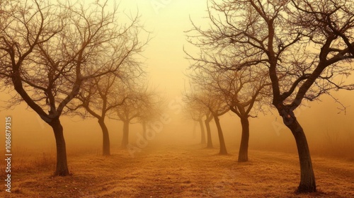 Foggy autumn landscape with barren trees, mist covering the ground, eerie and calm, countryside setting, soft focus