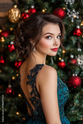 Elegant Woman in Sparkling Green Dress at a Christmas Party, Festive Atmosphere, Back View