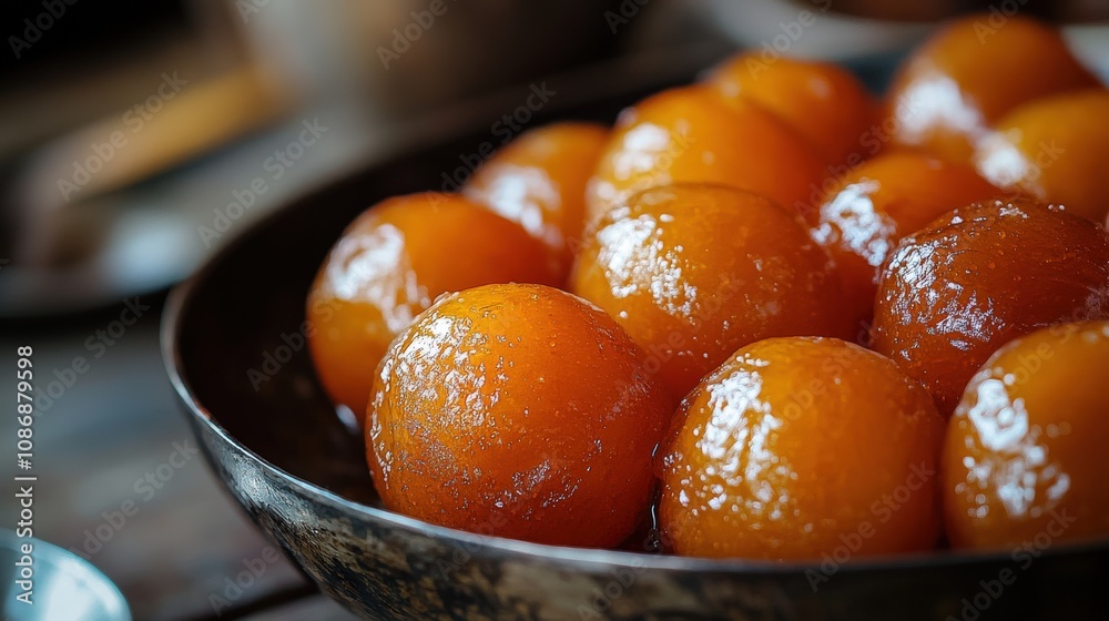 Close-up of Shiny Orange Gulab Jamun Dessert in a Bowl Close-up of Shiny Orange Gulab Jamun Dessert in a Bowl