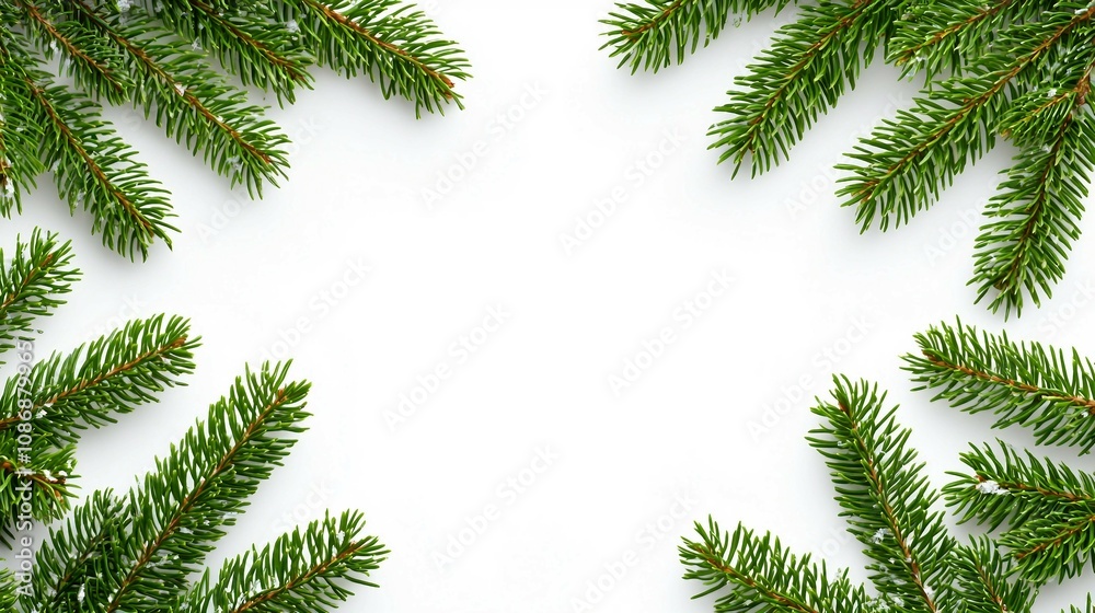 Evergreen Pine Branches Surrounding Empty White Space for Festive Decoration and Seasonal Design Backgrounds in Winter Celebrations Evergreen Pine Branches Surrounding Empty White Space for Festive Decoration and Seasonal Design Backgrounds in Winter Celebrations