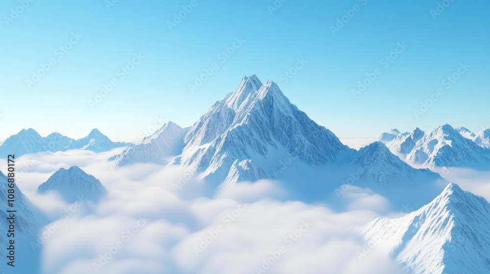 A majestic snow-covered mountain range with the highest peak reaching into the clouds, surrounded by other mountains, and viewed from an aerial perspective A majestic snow-covered mountain range with the highest peak reaching into the clouds, surrounded by other mountains, and viewed from an aerial perspective