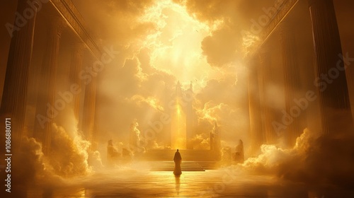 An ethereal courtroom bathed in golden light, with a central figure facing a divine presence, surrounded by a dreamlike atmosphere of soft clouds and shadows.