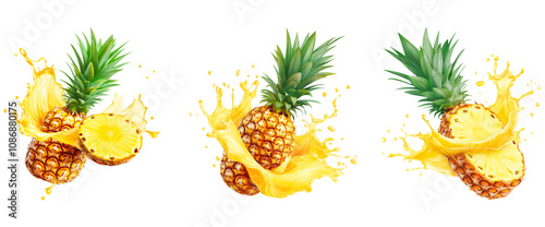 Set of whole and sliced pineapples with juice splash isolated on transparent