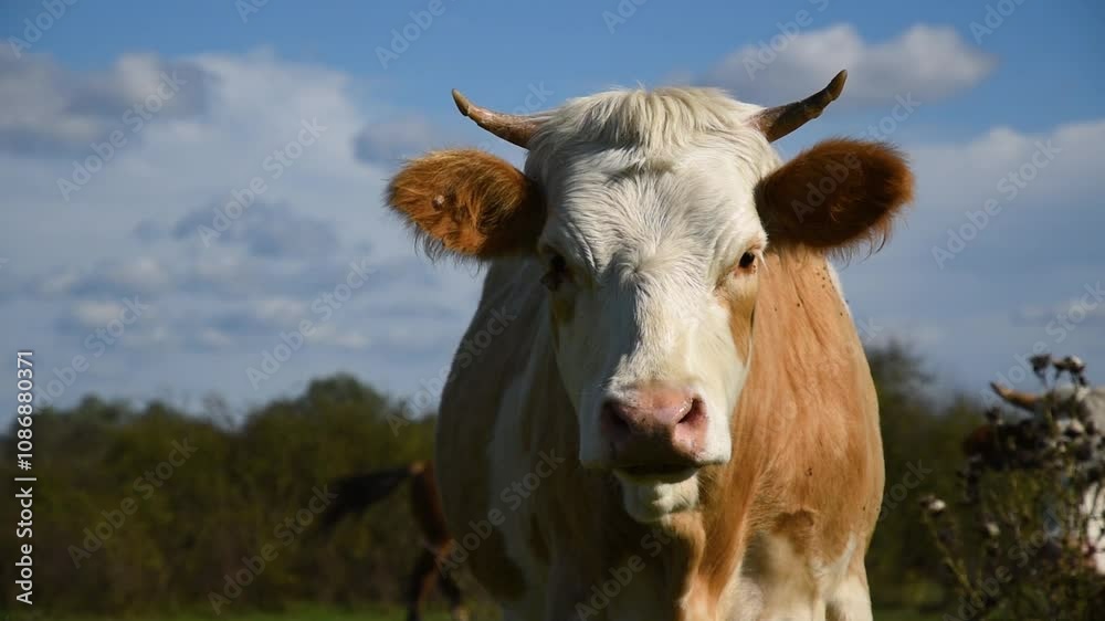 Cow looks aside and turn head to camera, pasture during sunny day Cow looks aside and turn head to camera, pasture during sunny day