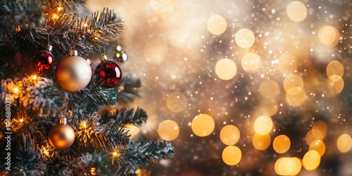 Christmas festive background with bokeh and lights. image. Created with Generative AI technology