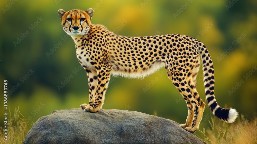 Cheetah standing on a rock, focused gaze, vibrant green background, sunny day, wild African savanna, majestic and powerful, wildlife photography, natural setting Cheetah standing on a rock, focused gaze, vibrant green background, sunny day, wild African savanna, majestic and powerful, wildlife photography, natural setting