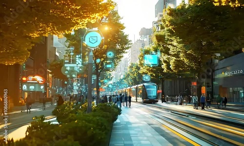 future high-speed railway network. The buildings around have a modern architectural style, surrounded by greenery. Digital displays show various icons representing smart urban energy use, 