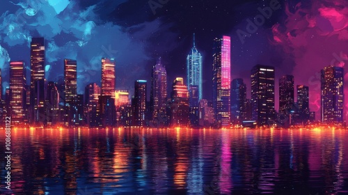 Night skyline of a modern city with skyscrapers, lights reflecting on the water, calm urban landscape, vibrant colors, peaceful night, cityscape beauty