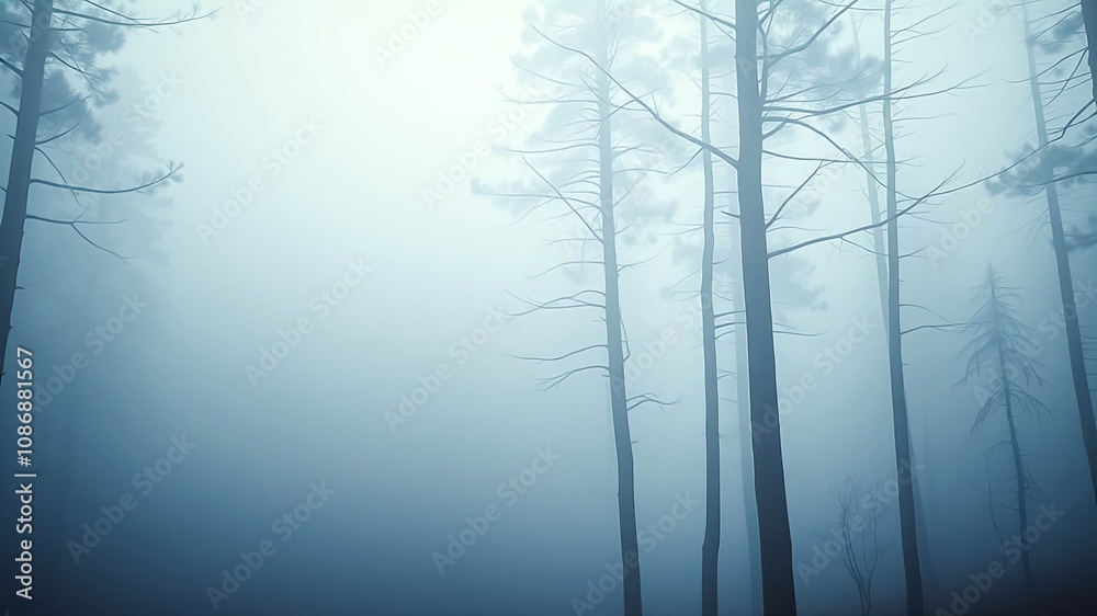Eerie and mysterious, tall trees stand tall in a dense fog, their silhouettes barely visible against the hazy backdrop. Eerie and mysterious, tall trees stand tall in a dense fog, their silhouettes barely visible against the hazy backdrop.