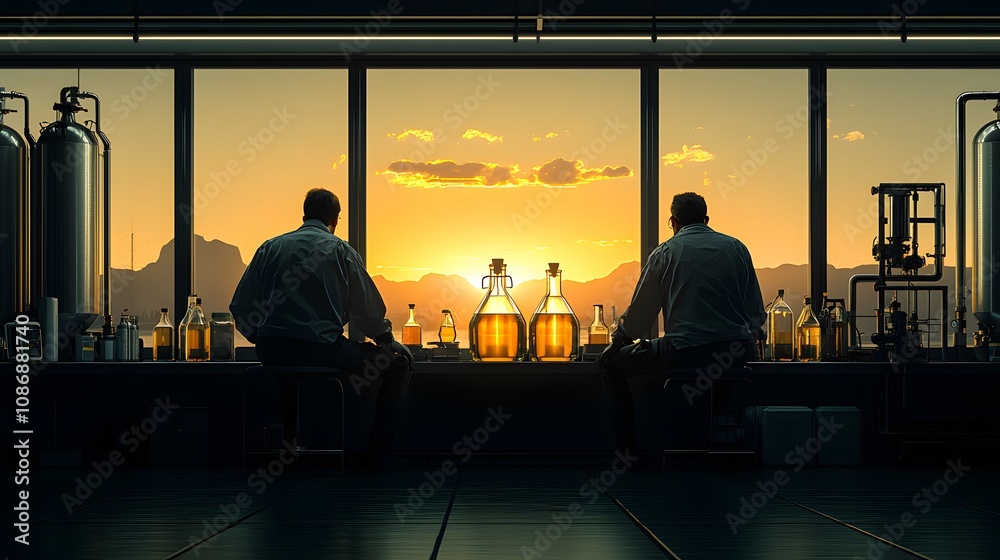 Scientists Examining Biofuel Reactors at Sunset While Engaged in Innovative Energy Research. Fuel Processing Technology Concept Scientists Examining Biofuel Reactors at Sunset While Engaged in Innovative Energy Research. Fuel Processing Technology Concept