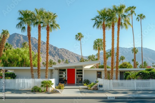 Mid-century modern house with red door and palm trees in Palm Springs, California architecture travel