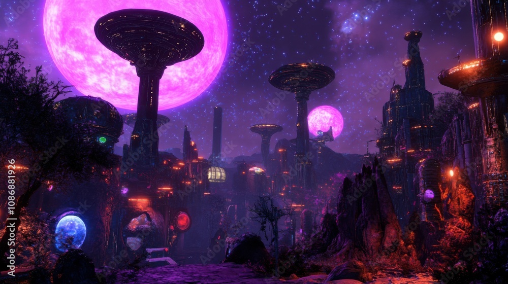 Alien city with towering structures, strange architecture, glowing ...
