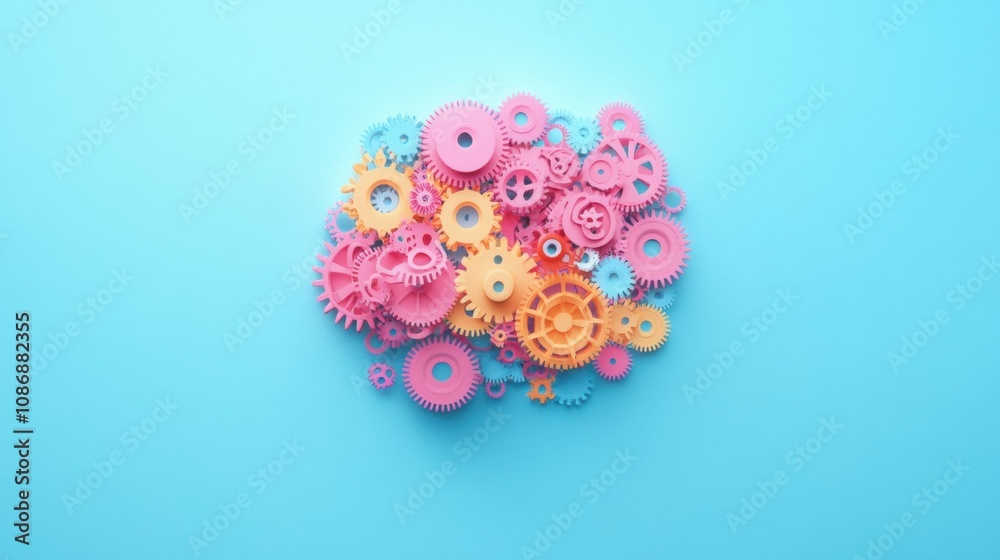 Abstract vibrant gears forming a brain shape, symbolizing innovative thinking and creative problem-solving, set against a pastel blue background. Abstract vibrant gears forming a brain shape, symbolizing innovative thinking and creative problem-solving, set against a pastel blue background.