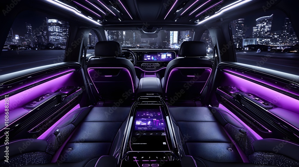 Fototapeta premium Spacious autonomous vehicle cabin with soft leather seats, two passengers observing urban surroundings, large interactive displays, and elegant lighting