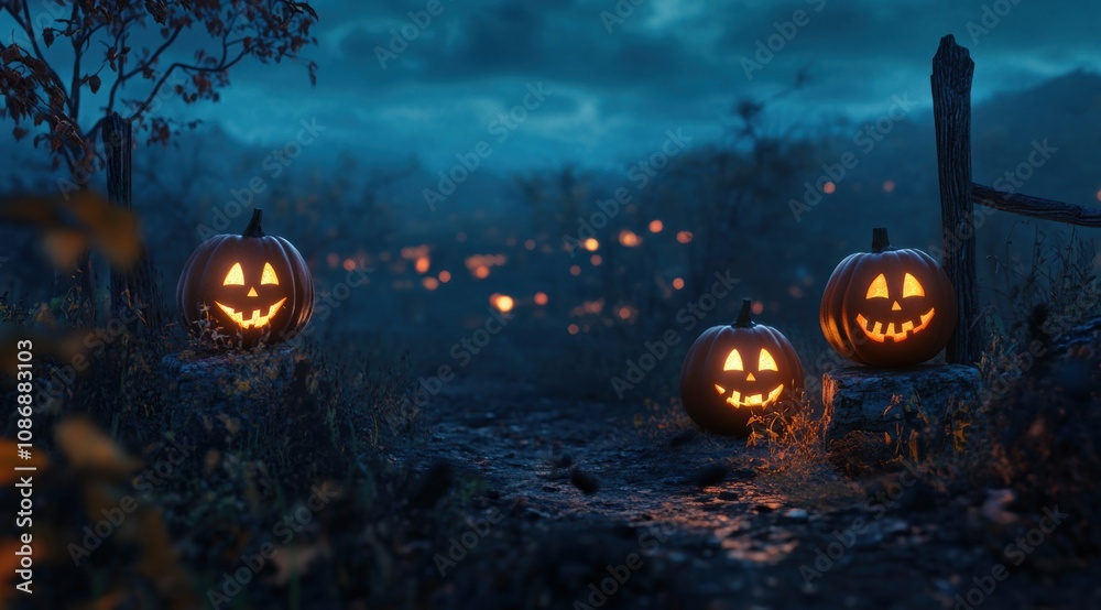 Fototapeta premium illuminated carved pumpkins, Halloween concept