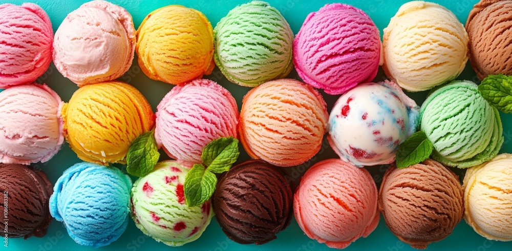 Vibrant Overhead Shot of Colorful Ice Cream Scoops with Mint Vibrant Overhead Shot of Colorful Ice Cream Scoops with Mint