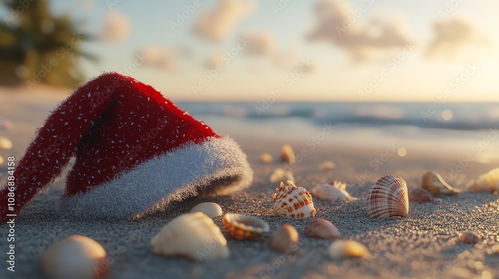 Merry Christmas written in the sand on a tropical beach, with a Santa hat and seashells decorating the scene, contrasting the winter holiday theme Merry Christmas written in the sand on a tropical beach, with a Santa hat and seashells decorating the scene, contrasting the winter holiday theme