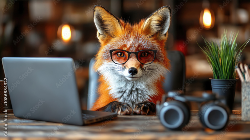 Fototapeta premium A fox, donning glasses, engages with a laptop on a wooden desk surrounded by cozy decor, including a camera and plants in the evening light