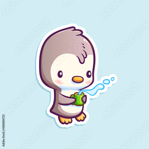 Vector illustration with cute little penguin isolated on white. Funny cartoon character for sticker design.