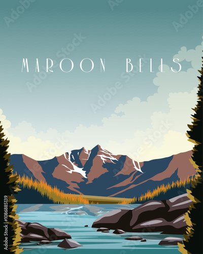 Maroon Bells Colorado travel poster, postcard