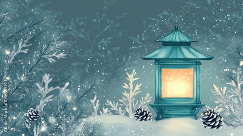 Enchanted Winter Night: Lantern Illuminating Snow-Covered Pine Trees