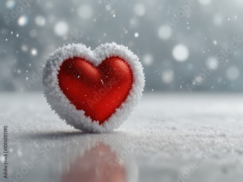  Scarlet heart in snow.Red heart on the background of snowy landscape, symbolizing love and warmth in winter season. photo