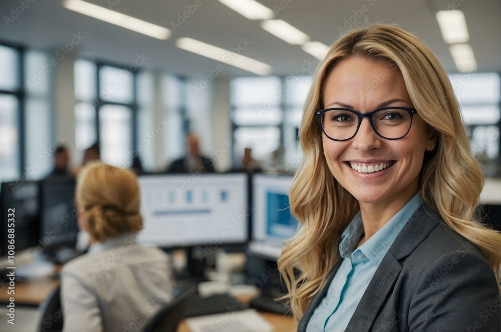 Business coach in an open office, representing personal and professional growth. Successful saleswoman in a workplace setting, perfect for sales and public relations concepts. Powerful woman Business coach in an open office, representing personal and professional growth. Successful saleswoman in a workplace setting, perfect for sales and public relations concepts. Powerful woman