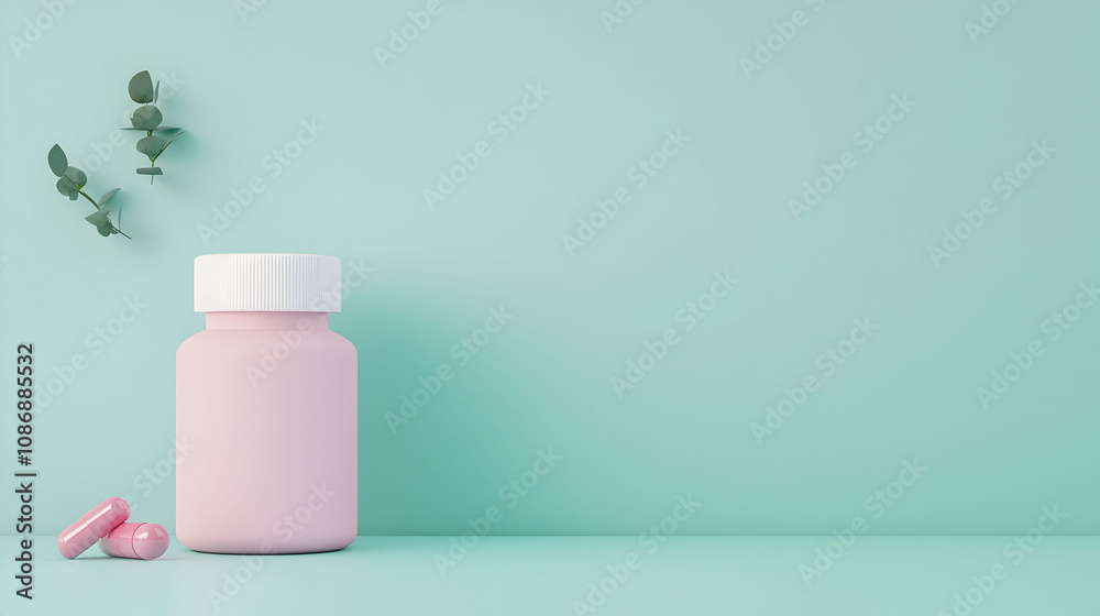 A pastel pink bottle with a white cap sits against a mint green background, accompanied by two pink capsules and a sprig of greenery. A pastel pink bottle with a white cap sits against a mint green background, accompanied by two pink capsules and a sprig of greenery.