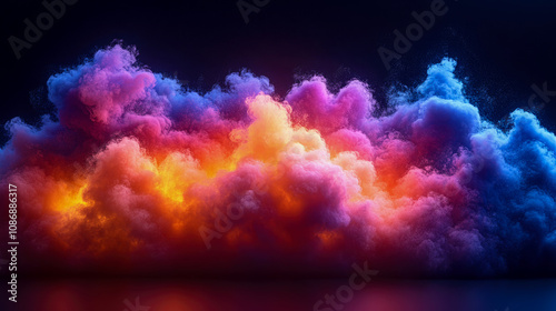 A mesmerizing display of vibrant smoke clouds fills the night sky with shades of pink, orange, blue, and purple, reflecting beautifully on the water below