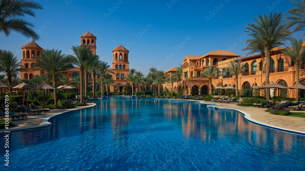 A stunning desert resort boasts a large blue pool, palm trees, and elegant architecture, inviting visitors to relax under a clear sky A stunning desert resort boasts a large blue pool, palm trees, and elegant architecture, inviting visitors to relax under a clear sky