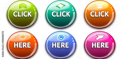 Colorful Shiny Click Here Buttons for Digital Interfaces