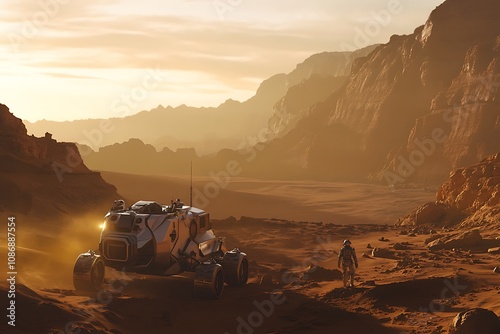 A futuristic vehicle explores a rugged alien landscape at sunset. photo