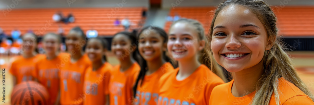 Young athletes in vibrant orange jerseys pose happily before a basketball game, showcasing camaraderie and excitement for the upcoming match Young athletes in vibrant orange jerseys pose happily before a basketball game, showcasing camaraderie and excitement for the upcoming match
