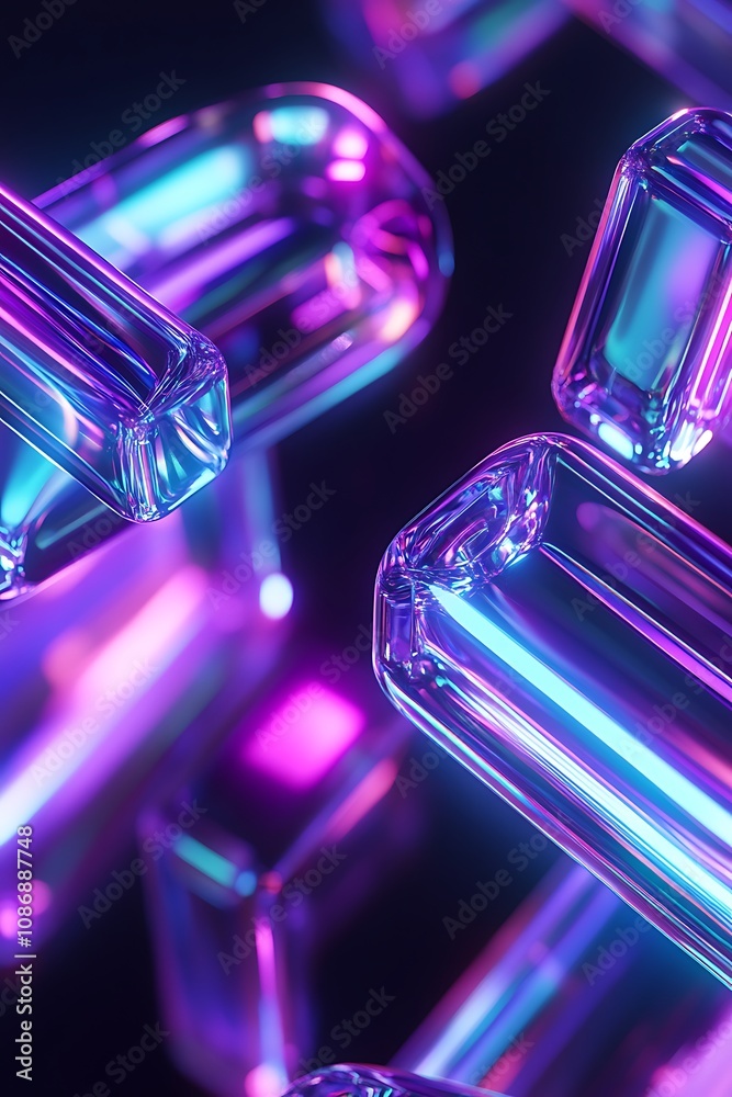Abstract composition of translucent geometric shapes illuminated by vibrant neon lights in a dark environment, showcasing reflections and color gradients Abstract composition of translucent geometric shapes illuminated by vibrant neon lights in a dark environment, showcasing reflections and color gradients