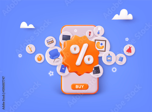 Online shopping on application and website concept, digital marketing online, shopping cart with new items on smartphone screen. 3D Web Vector Illustrations.
